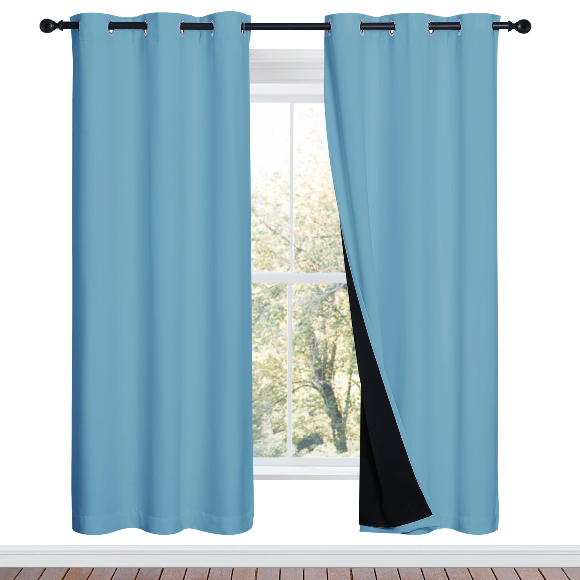 NICETOWN 100% Blackout Window Curtain Panels, Teal Blue, 2 Pieces, 42-inch Wide Per Panel, Full Light Blocking Drapes with Black Liner for Nursery, 72-inch Drop Thermal Insulated Draperies