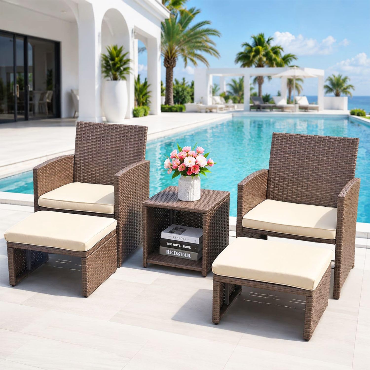 DEVOKO 5 Pcs Patio Conversation Set Balcony Furniture Set with Cream Cushions, Dark Brown Wicker Chair with Ottoman, Storage Table for Backyard, Garden, Porch