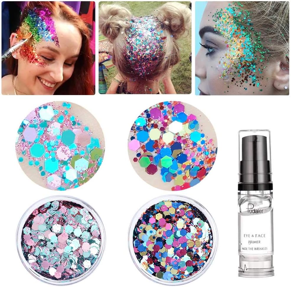 HITOP Cosmetic Chunky Body Glitter Festival Beauty Makeup Decoration, 2 Pack for Body Face Nail Hair Eyes or Lips &DIY Crafts with Long Lasting Free Fix Primer (Set7)