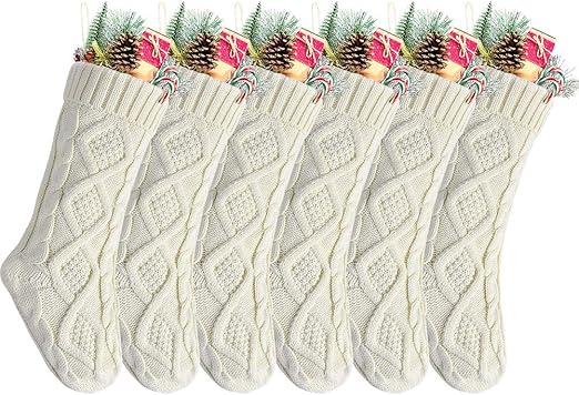 Pack 6,18" Unique Ivory White Knit Christmas Stockings, Style2