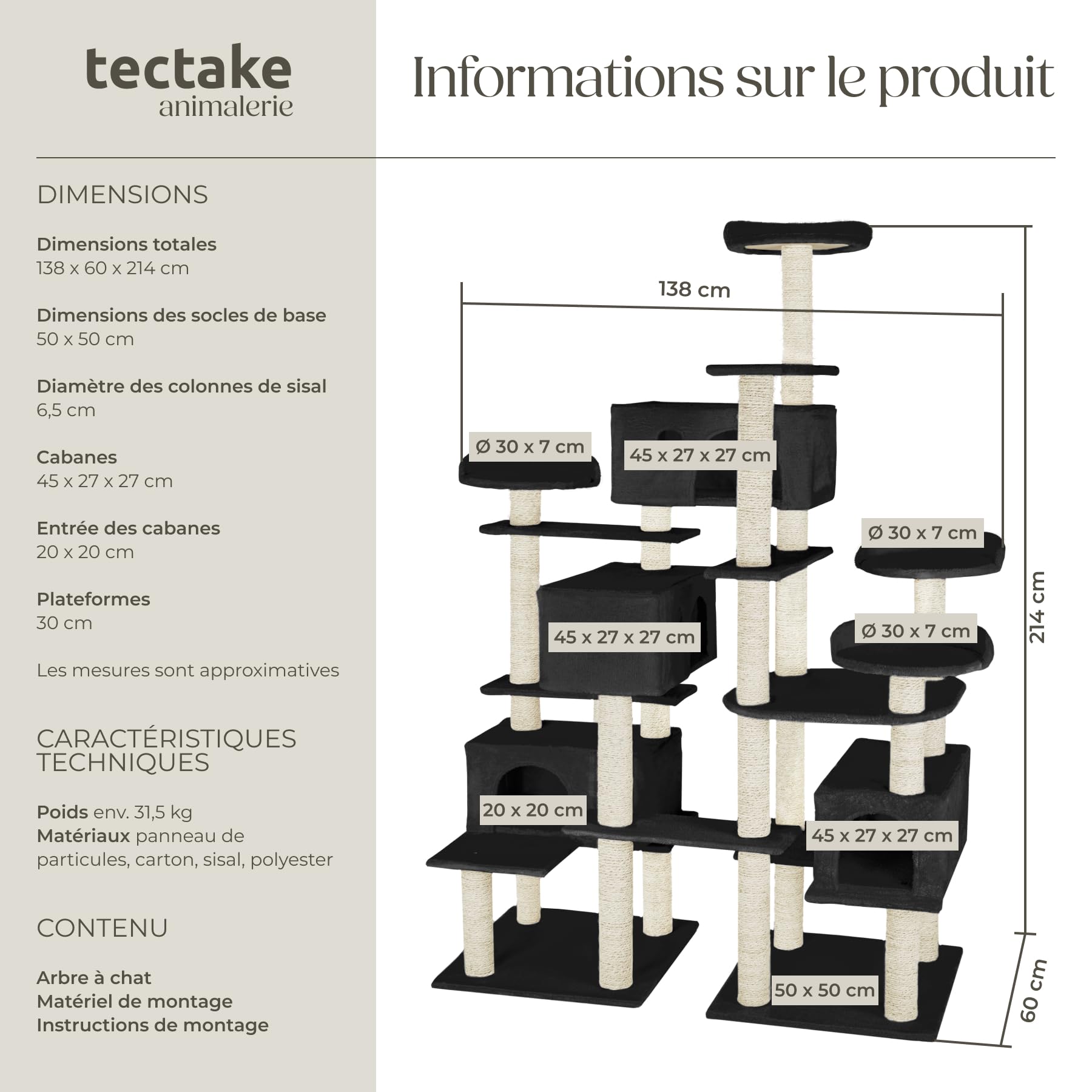 tectake® Arbre à Chat XXL Griffoir 214 cm, 4X Maison pour Chats 4X Lit pour Chat Jeux Appartement Accessoire Chats avec Couchage Grattoir Chat Etagere