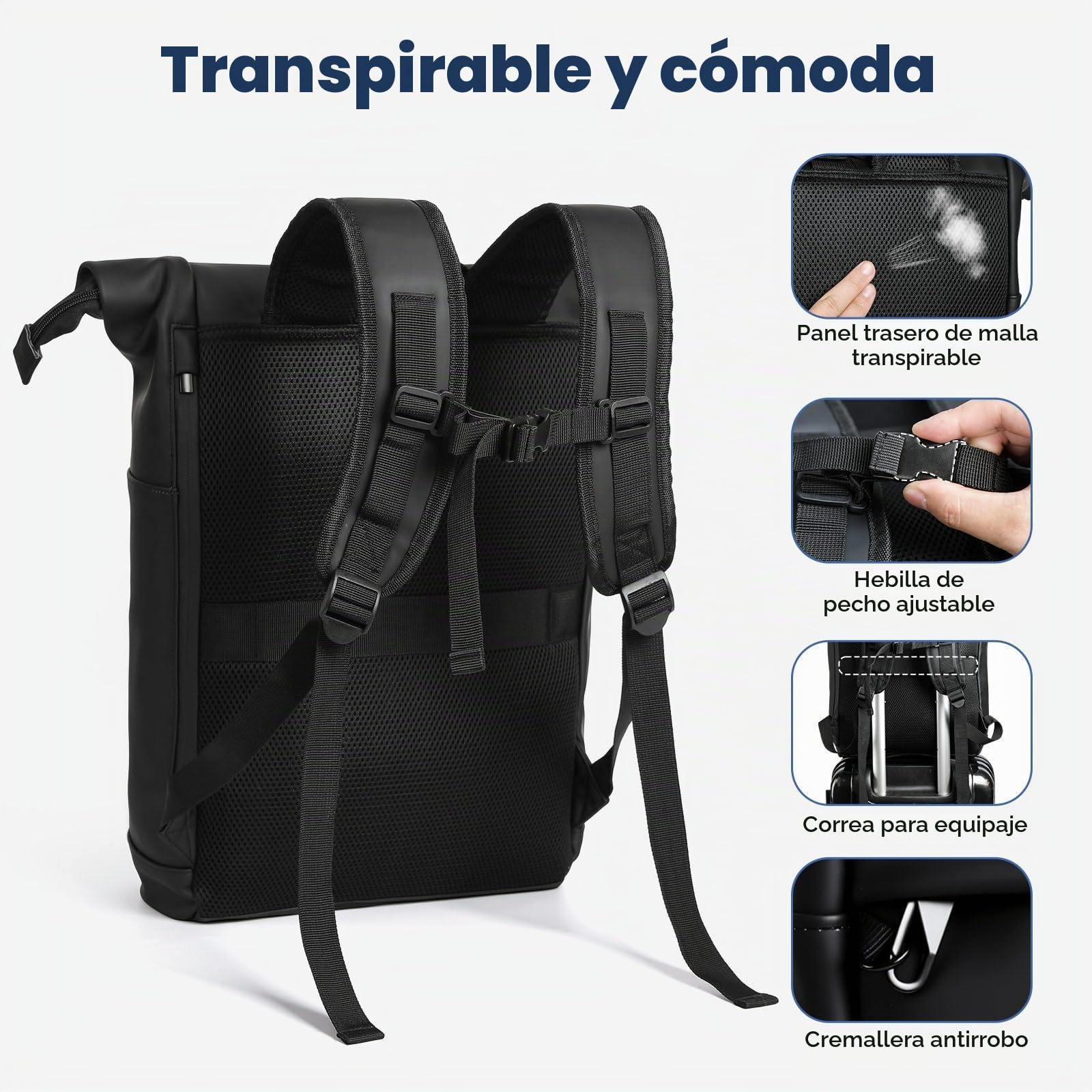 Mochila Enrollable, Mochila Impermeable Antirrobo para Hombre Mujer, Mochilas Roll Top Expandible 18-25L, Mochilas Portatil para Viajes, Trabajo, Escuela y Negocios - Negro