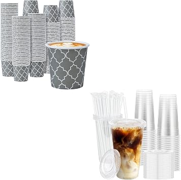 Lamosi 100 Pack 20 oz Clear Plastic Cups with Lids and Straws and 600 Pack 4 oz Paper Cups