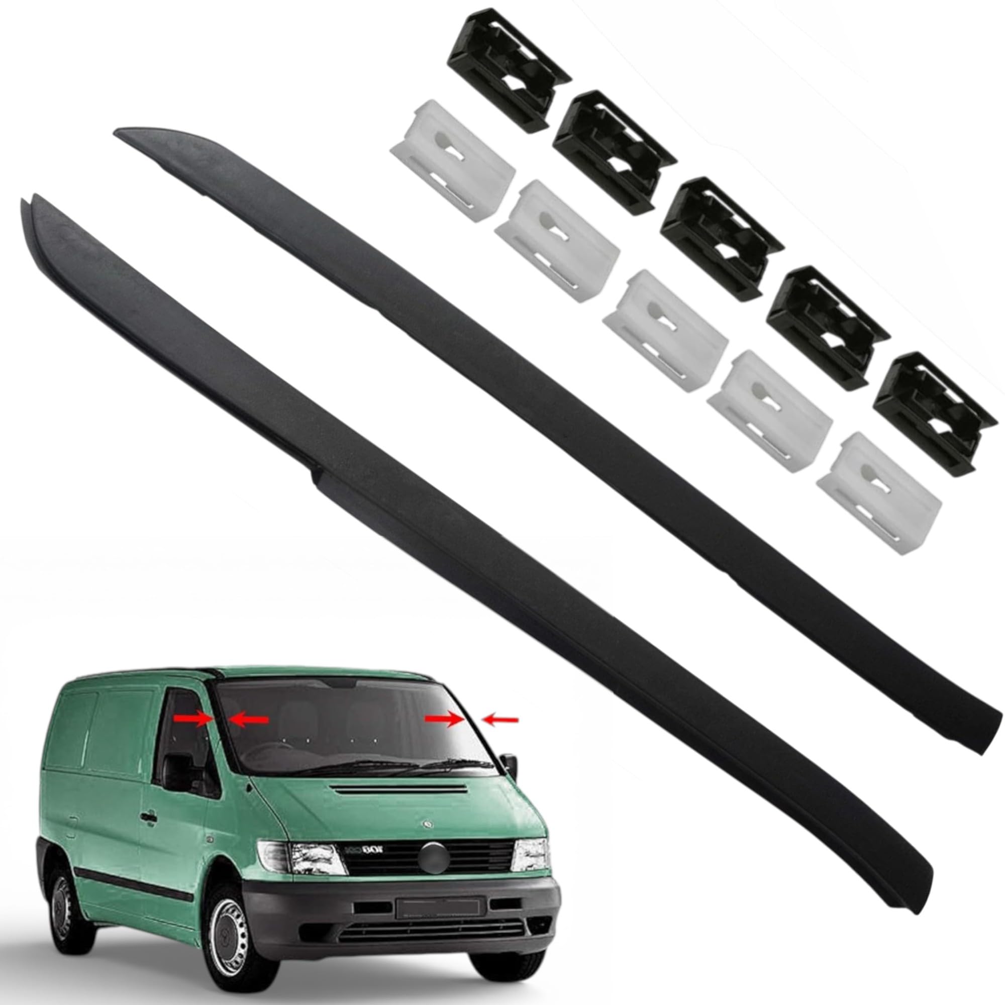 Esta guarnición de parabrisas con clips para los lados izquierdo y derecho del Vito W638 (1996-2003) es compatible con los modelos A6386980079, A6386980179, A6389840961