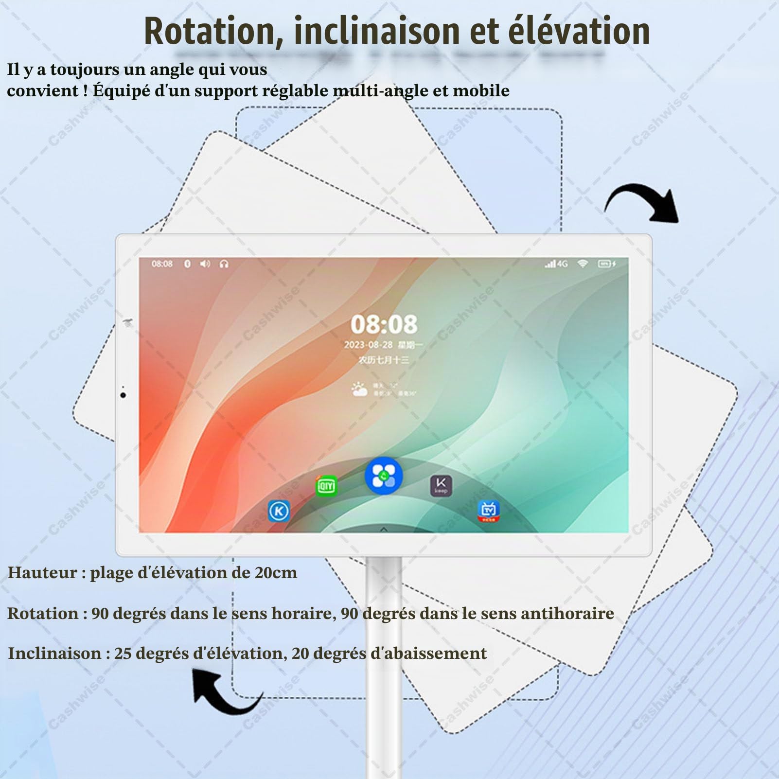 Téléviseur Portable 24 Pouces sur roulettes 1080p, écran Tactile Rotatif, Tablette avec Base, système d'exploitation Android 12, Batterie 10 000 mAh (6 h), autonomie en Veille 6+64G