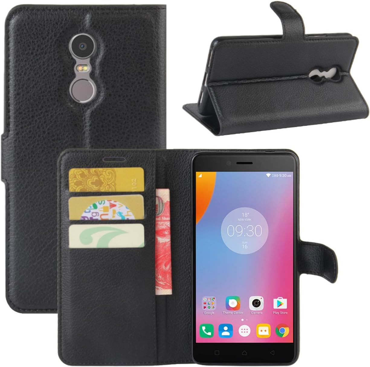 Lenovo K6 Note Case, Fettion Premium PU Leather Wallet Flip Phone Protective Case Cover with Card Slots, Stand Feature and Magnetic Closure for Lenovo K6 Note Smartphone (Wallet - Black)