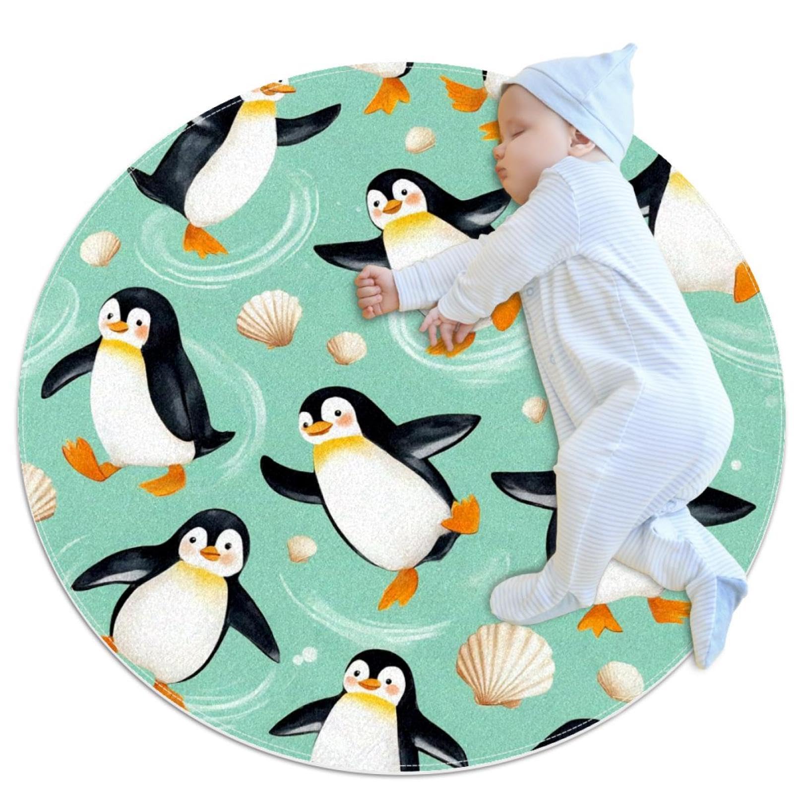 Tapis de salle de bain antidérapant à motif pingouins ronds 1m