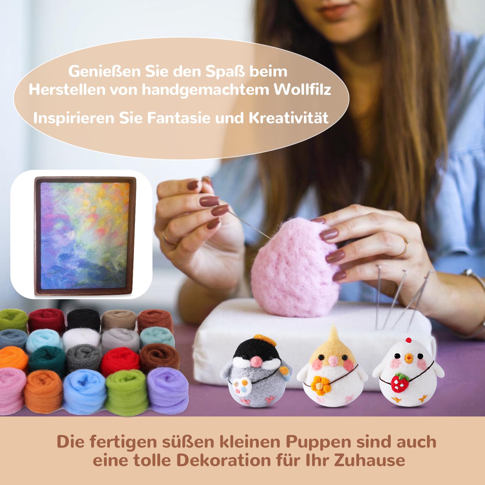 Reovin Nadelfilzset in 24 Farben, Nadelfilzzubehör Mit Aufbewahrungstasche, Wollfilzset Mit Filzwolle in Großen Mengen, Filznadeln, Nadelfilzunterlage Für DIY-Basteldekoration