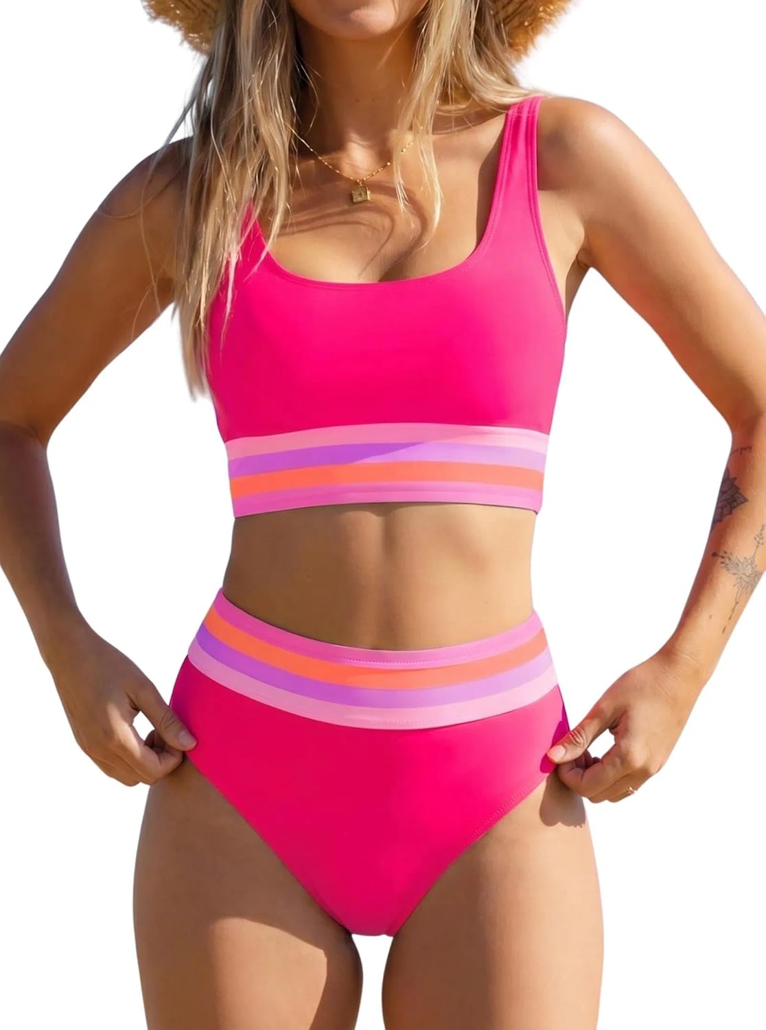 popvil Womens High Waisted Bikini Sets Two Piece Neon Tummy Control Swimsuit 2026 Sporty Rainbow Bathing Suit
