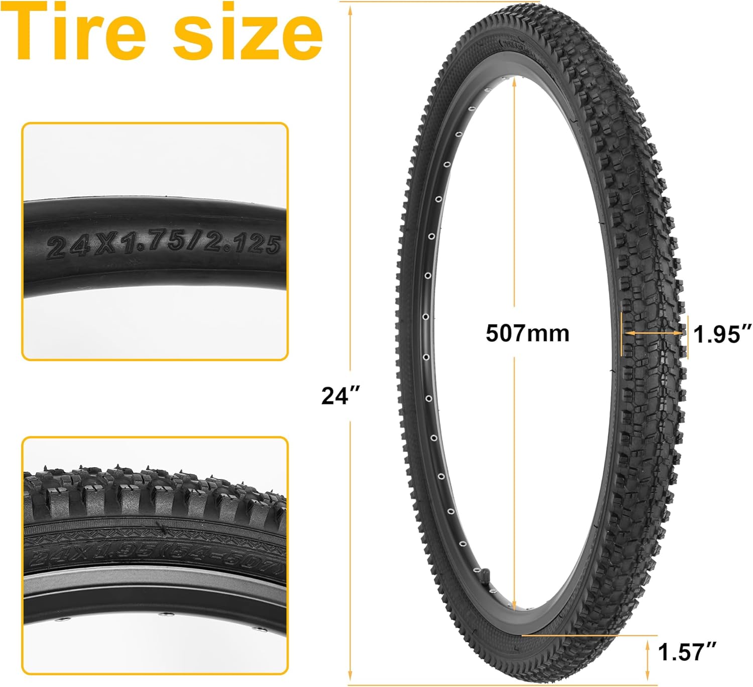 JIAYAN 24/26x1.95 Folding Replacement Bicycle Tires with Tire Levers and Tire Liners, 24''/26'' Mountain Bike Tire and Inner Tube for MTB Off-Road Bicycle