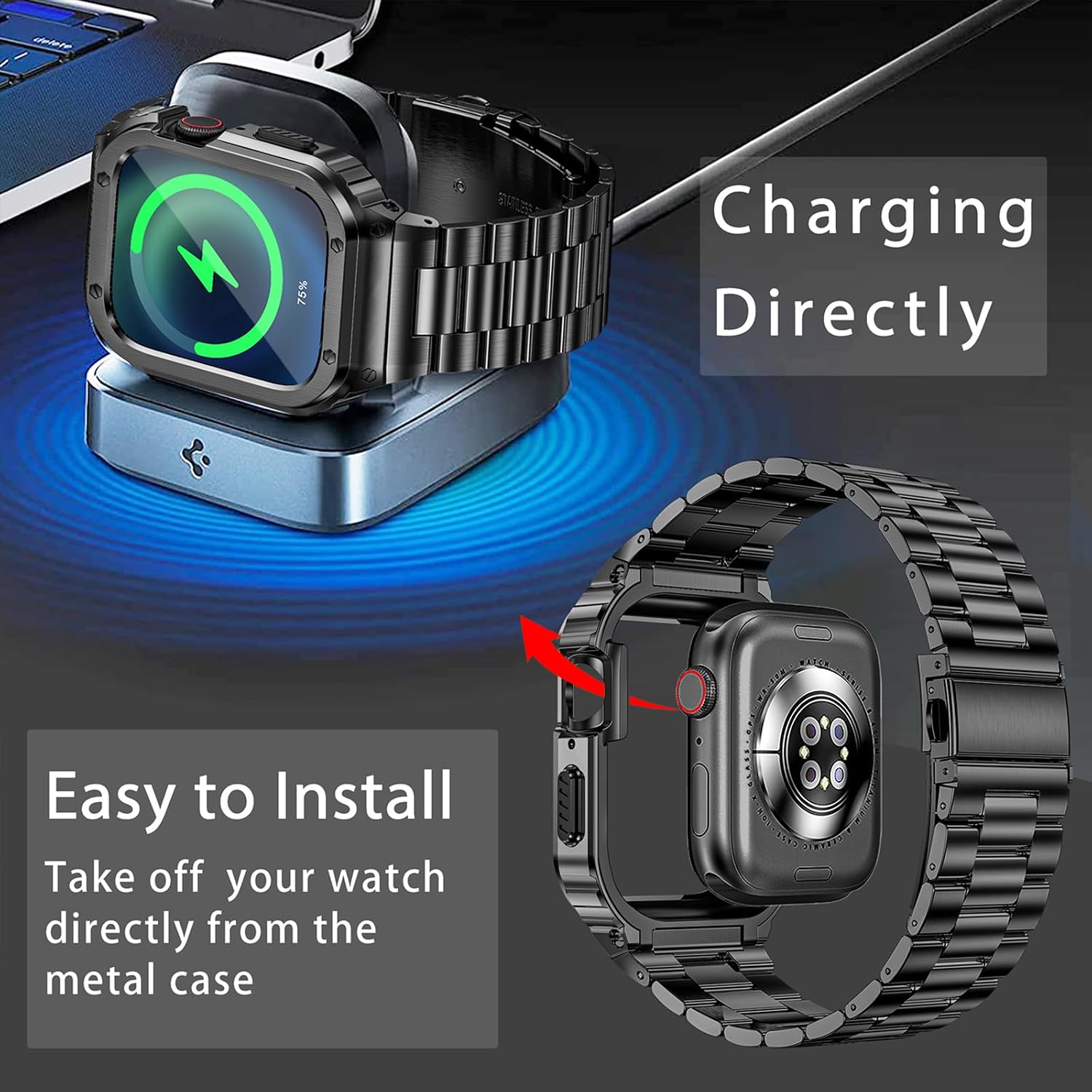 MioHHR Stainless Steel Band and Case Compatible with Apple Watch Bands 46mm image 2