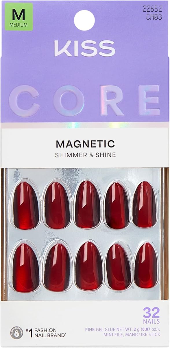 Núcleo, Prensa sobre uñas, Pegamento para uñas incluido, 'Apple Blossom', Rojo, Tamaño mediano, Forma de almendra, Incluye 32 uñas, 2 g de pegamento, 1 barra de manicura, 1 mini lima