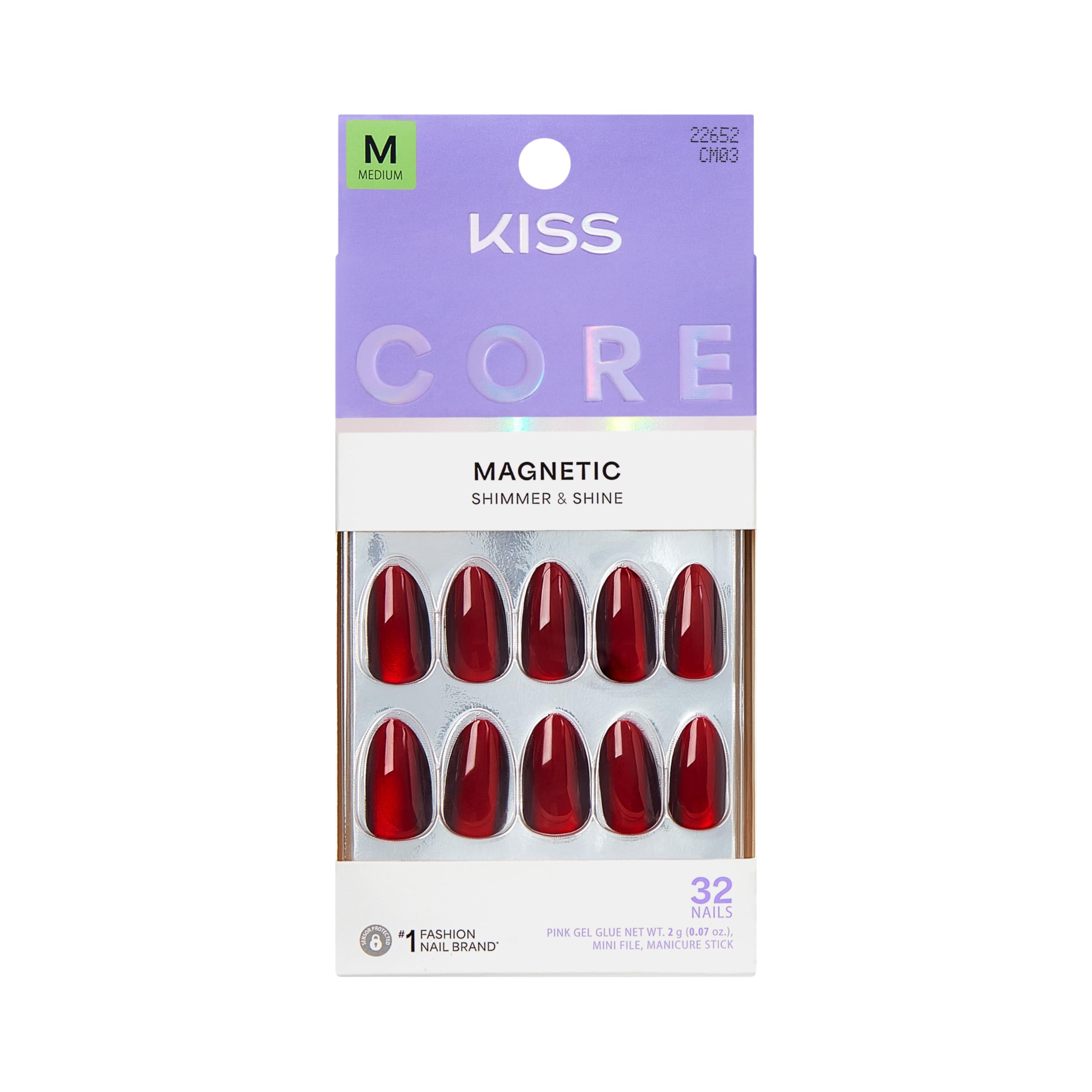 KISS CORE Press On Nails, Nail Glue Included, 'Apple Blossom' Red, Medium Size, Almond Shape, Includes 32 Nails, 2g Glue, 1 Manicure Stick, 1 Mini File