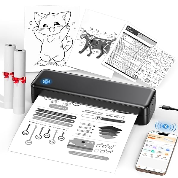 PEDOOLO Portable Printer Wireless for Travel, Inkless Thermal Printer Supports 8.5 x 11 Inch Thermal Paper, Bluetooth Compatible with iOS, Android, Laptop Includes 2 Rolls & 10 Sheets of Paper Kit