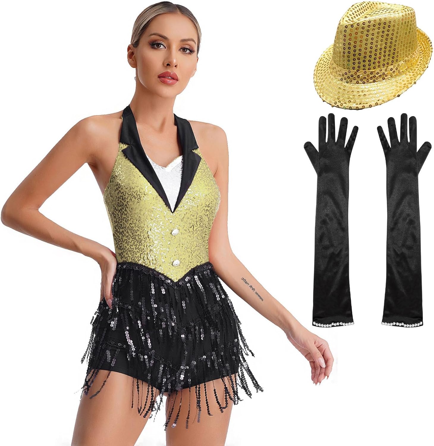 Women Sequins Tassel Latin Dance Dress Leotard Rumba Salsa Jazz Dance Outfit with Gloves Hat Dance Costumes