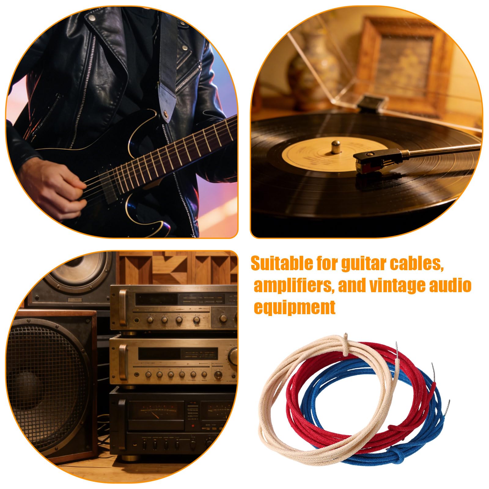4,5m Tkanina Pokryty Pushback Gitara Przewód Zestaw, 3szt Vintage Styl Wosk Pleciony Okablowanie Zestaw do Gitary Elektrycznej Ulepszeń i Napraw (1,5m Czerwony/Niebieski/Biały)