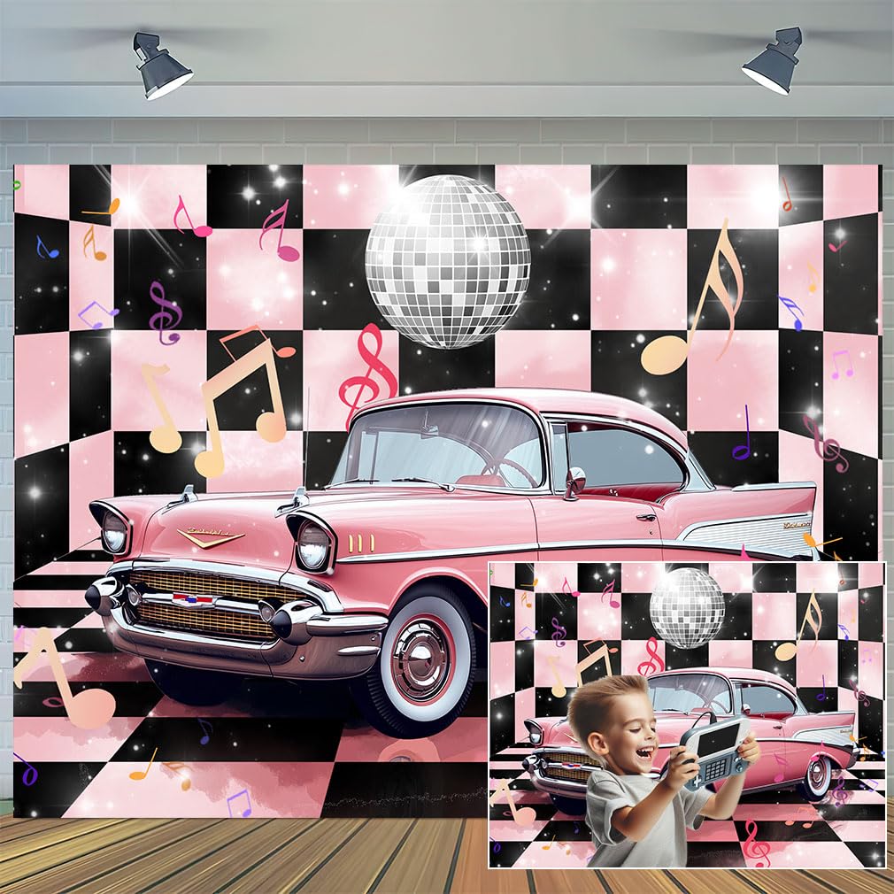 JAWO 7X5ft 50s Party Decorations Background Retro Rock Roll Diner Backdrop Car Socks Banners Cake Toppers Table Decorations Multi Color