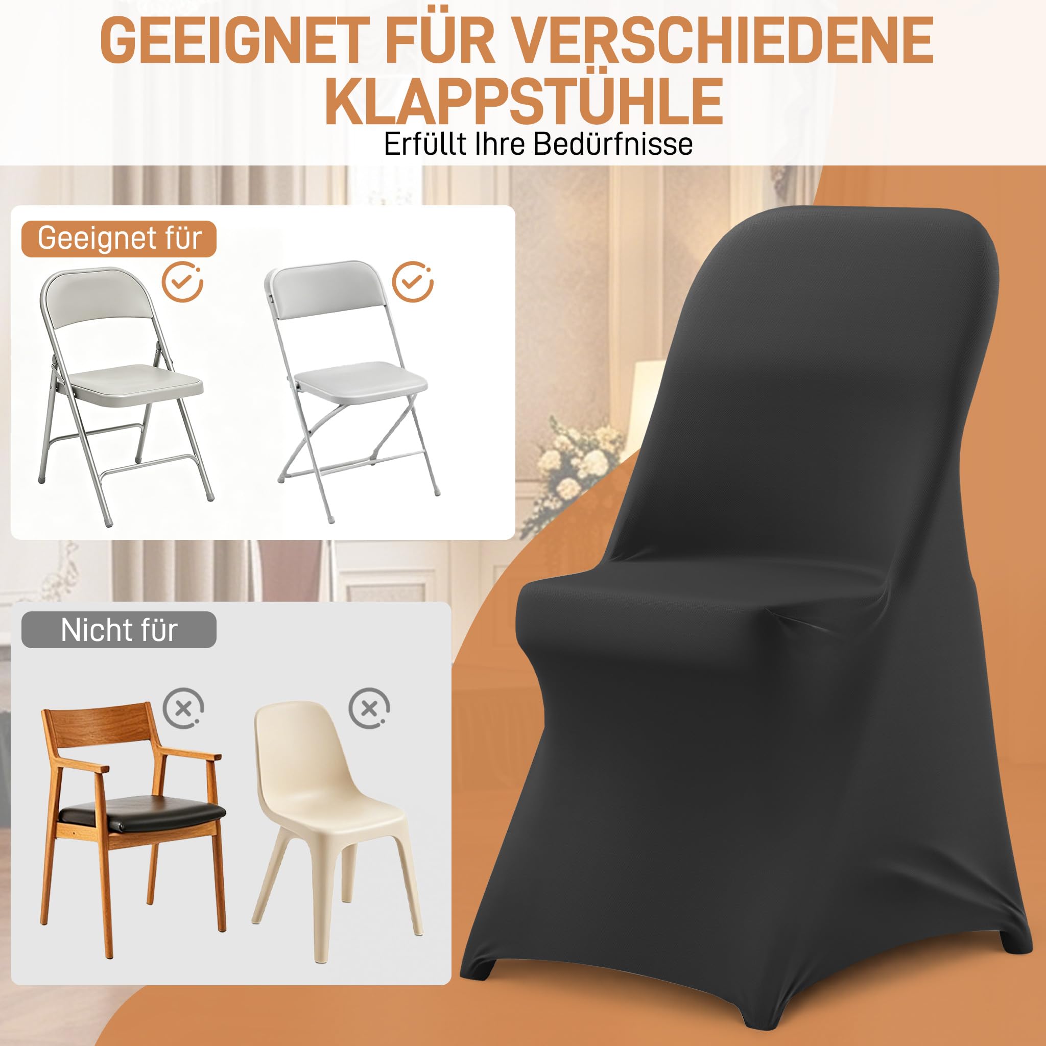 FIVMEN Stuhlhussen 10 Stück Elastische Klappstuhl Stuhlbezug Polyester Hussen für Stühle Max. 45x50x90 cm Waschbar Stuhlhusse Abnehmbare Stuhl überzug für Hochzeiten Restaurant Partys Hotels, Schwarz