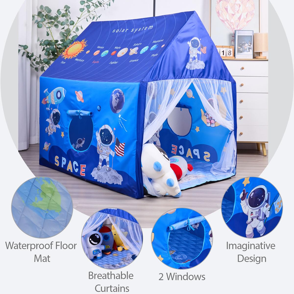 Space Rocket Ship - Tienda de campaña para niños con paspartú, luces de estrella para niños y niñas de 3 años en adelante, para interiores y exteriores, juego de tienda de campaña, tamaños de 3