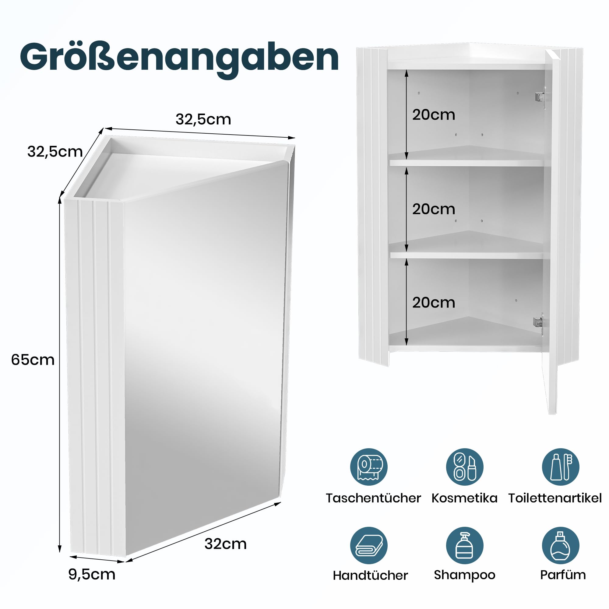 Pamapic Spiegelschrank Bad, Badezimmer Spiegelschrank mit Verstellbaren Ablagen, Eckschrank Bad, Hängeschrank Badezimmer, Schrank mit Badezimmerspiegel, Wandschrank, 32 x 32 x 65 cm, Weiß
