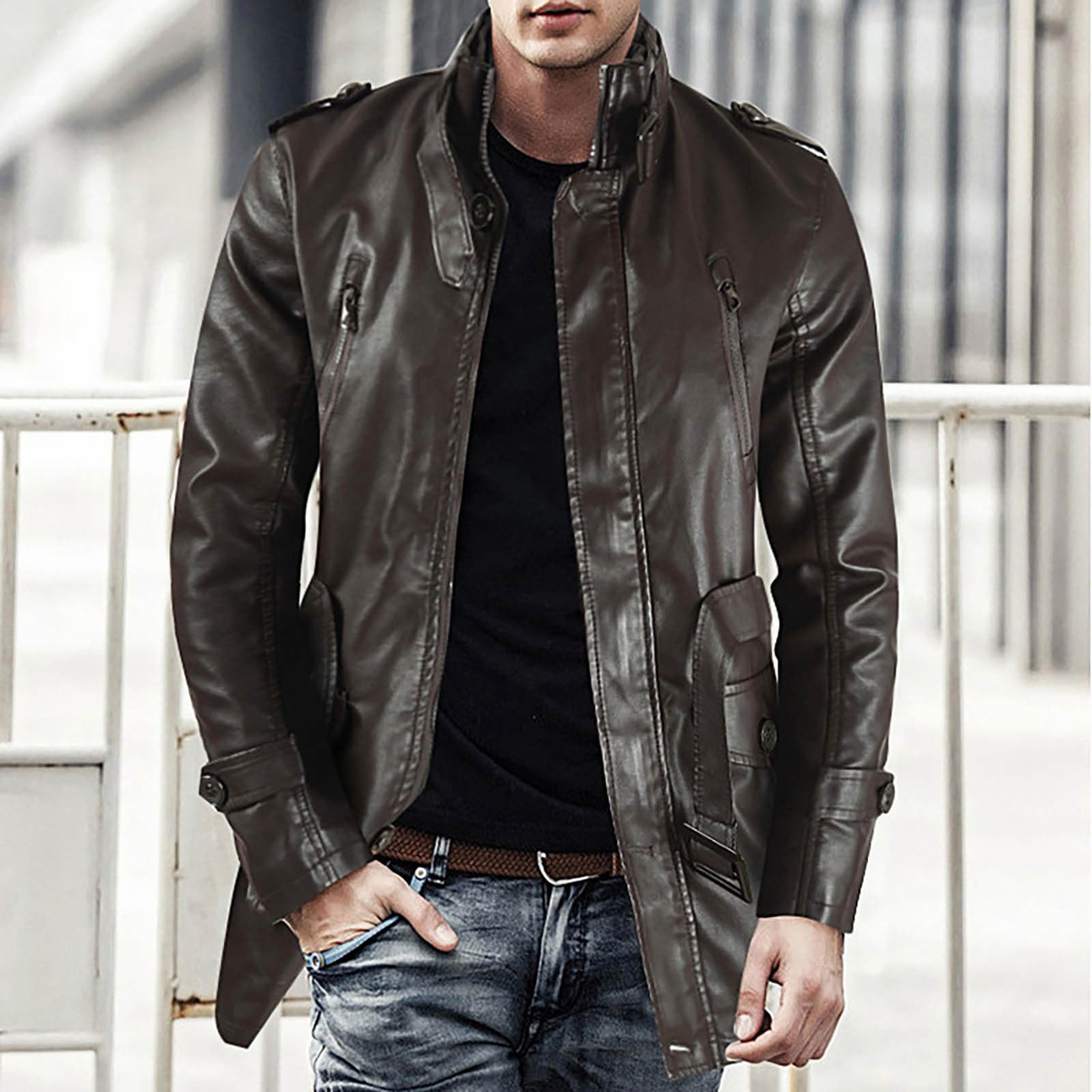 Chaqueta de invierno de cuero casual para hombre, gabardina de manga larga y cuello alto con cremallera