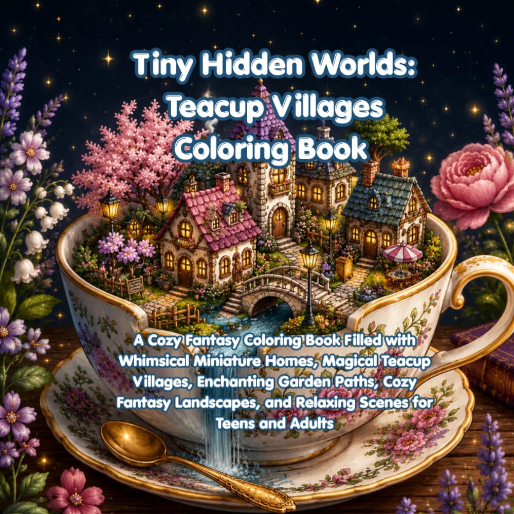 Tiny Hidden Worlds: Teacup Villages Coloring Book: A Cozy Fantasy Coloring Book Filled with Whimsical Miniature Homes, Magical Teacup Villages, ... and Adults (Whimsical Tiny Worlds Series)