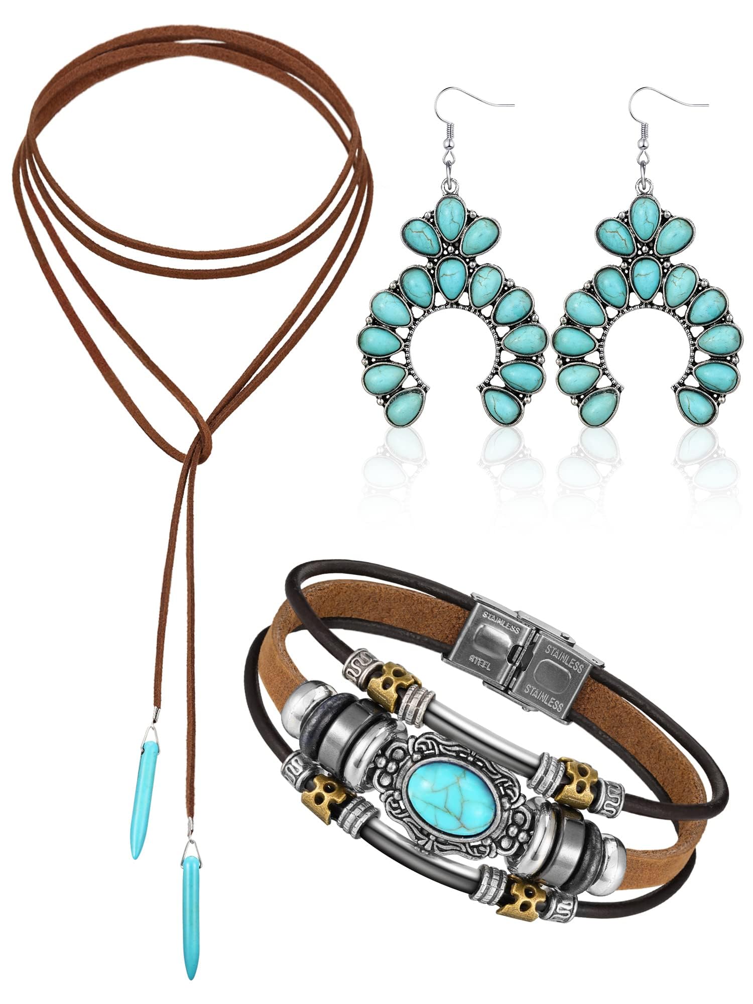 Parlberd3 Pcs Western Jewelry for Women Bohemian Turquoise Jewelry Set, Boho Pendant Long Choker, Faux Leather Layered Bracelet, Turquoise Dangle Earrings for Women