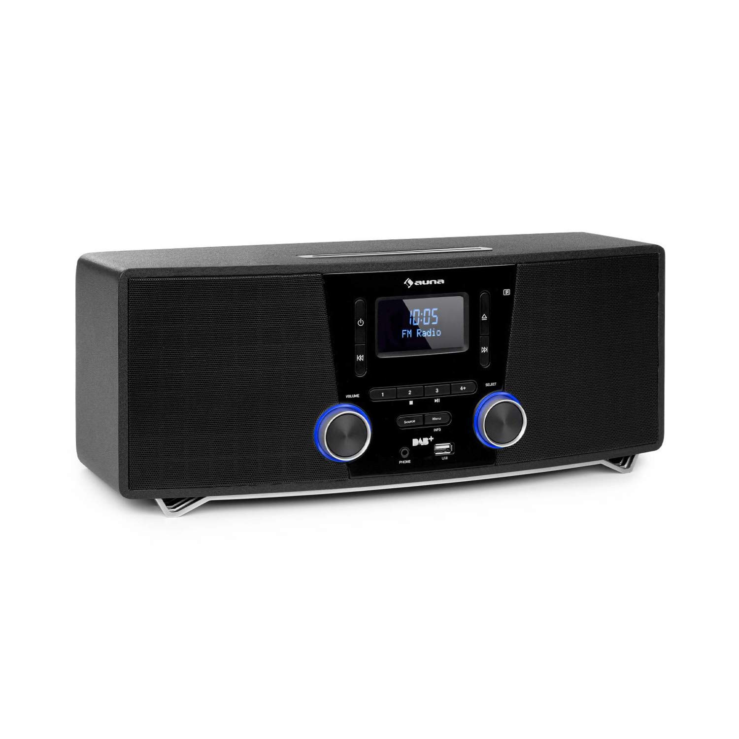 auna Stockton Micro chaîne stéréo - 20W Max. (2X 5W RMS), Dab+, Tuner Radio FM, Fonction RDS, Lecteur CD, Bluetooth, Port USB, AUX-in, écran OLED, X-Bass, EQ, minuterie, Fonction réveil, Noir