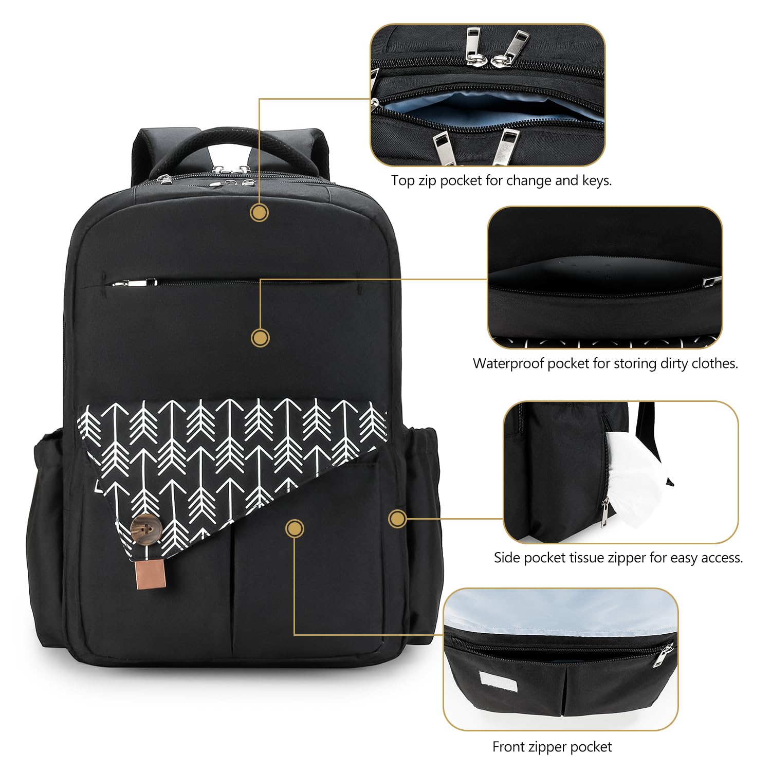 MOMIGO Baby Diaper Backpack - Large Capacity Water-Resistant Nappy Bag with Insulated Pockets, Stroller Straps, Travel Backpack&Outdoor Bag (Arrow Black)