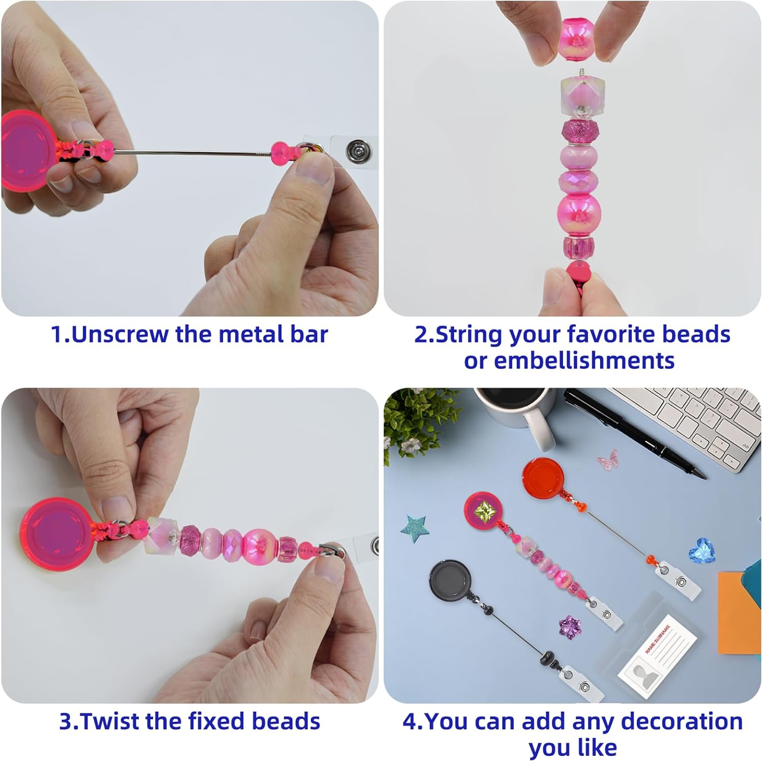 15pcs Multicolor Beadable Badge Reels Making Kits - Beaded Blank Bars Bulk - Retractable Badge Reel with Belt Clip for ID Name DIY Gift Beadable Items for Nurses,Teachers, Students, Office, Workers