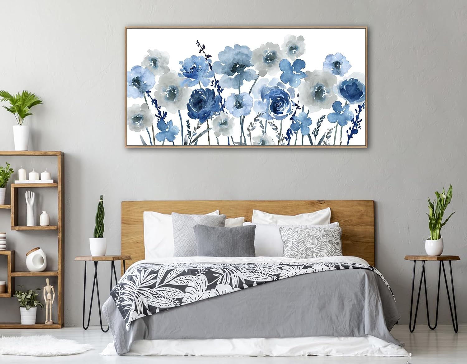 Framed Floral Wall Art Abstract Grey Cream White Grass Flowers Canvas Pictures Modern Landscape Painting Botanical Artwork for Living Room Bedroom Kitchen Office Wall Decor Ready to Hang 20 x 40