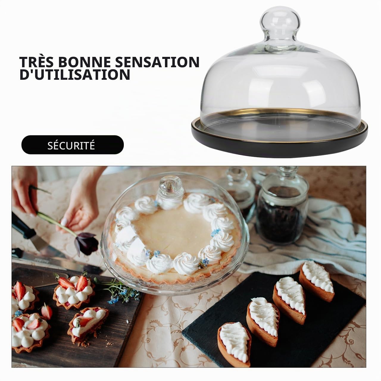 Cabilock Mini cloche à gâteau en verre - Cloche à fromage - Avec assiettes en céramique - Rose - Cloche en verre - Pour invités de mariage, gâteaux, repas et desserts