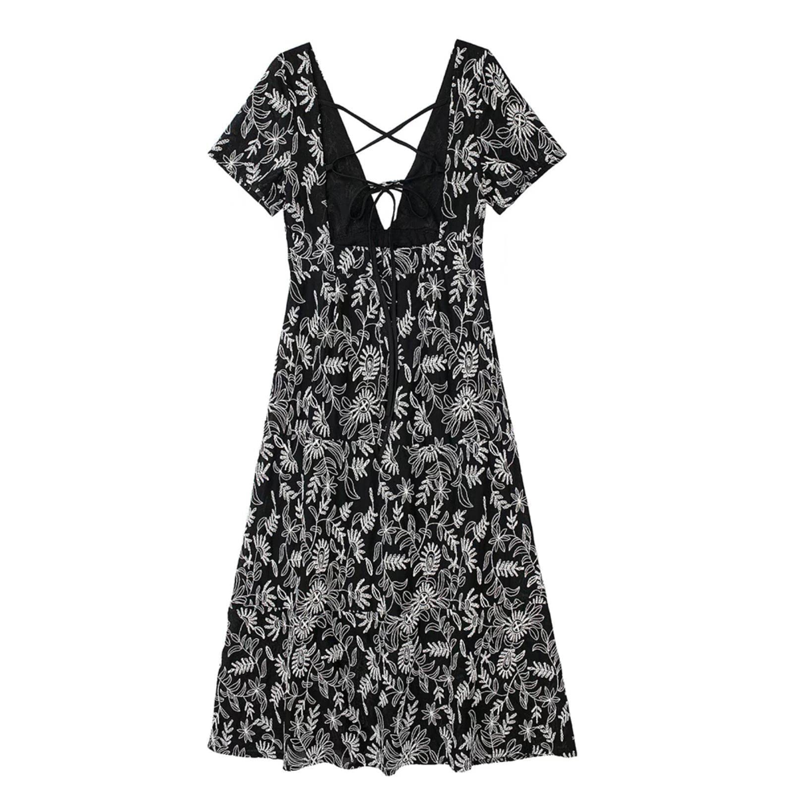 Vestido largo bordado de las mujeres manga corta con cordones espalda elegante dama elegante vestidos largos femenina bata