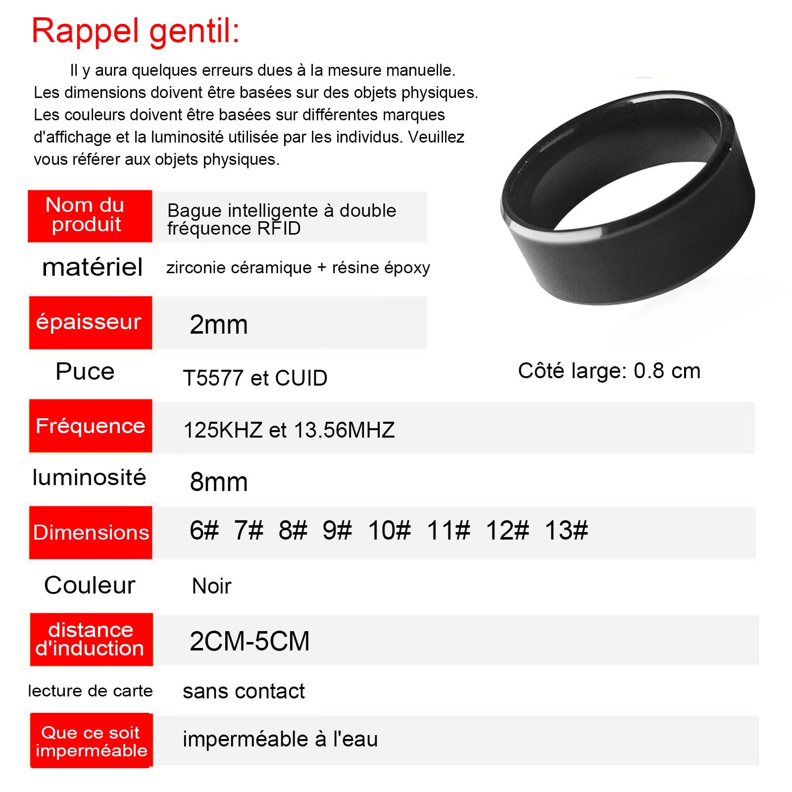 RFID Rewritable Dual Frequency 125kHz t5577 & 13.56MHz CUID Noir Ceramics Smart Finger Ring for Men Women