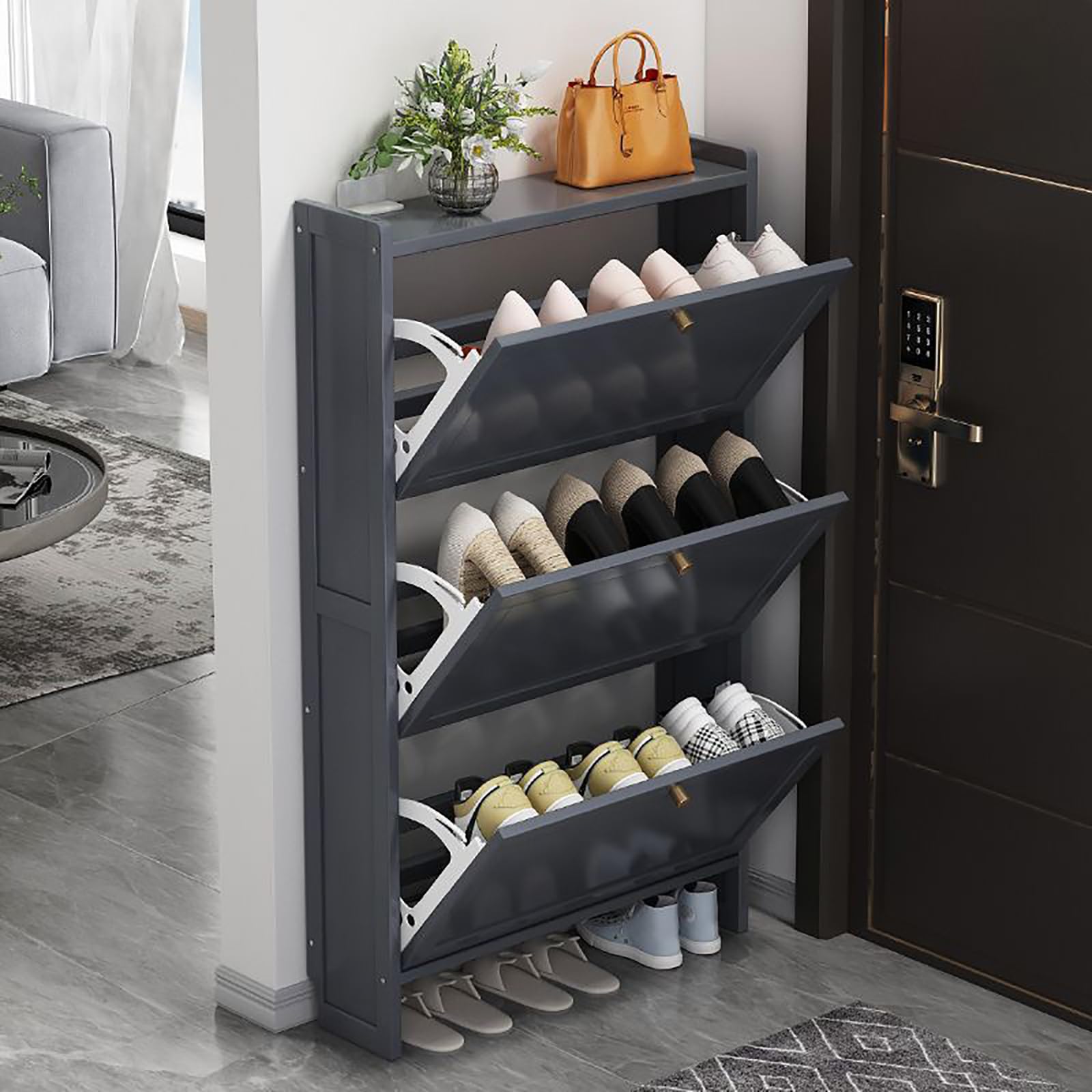 xcopsSlim Shoe Cabinet with 3 Flip Drawer, Free Standing Shoe Racks, Shoe Organizer for Closet Entryway Furniture for Hallway Bedroom Apartment (Grey)