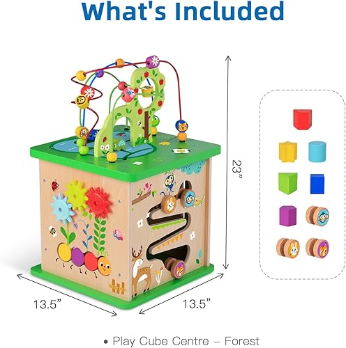 Miniatura 2 de TOOKYLAND Centro de actividades 5 en 1, cubo de juego de actividades grande de madera, juguete de rompecabezas de aprendizaje de madera para niños