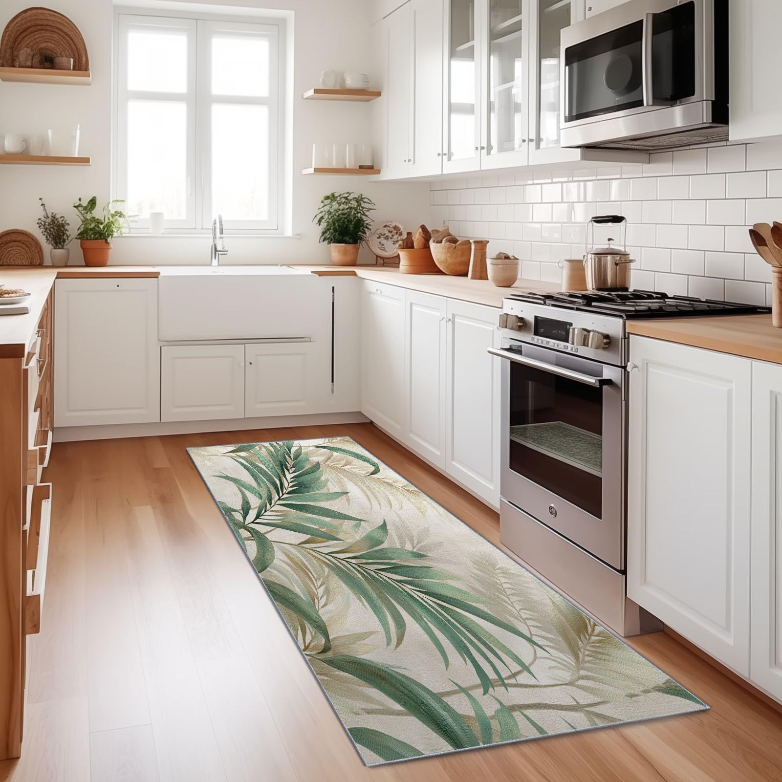 Tapis de couloir 60 x 240 cm lavable et antidérapant avec motif feuilles vert et beige