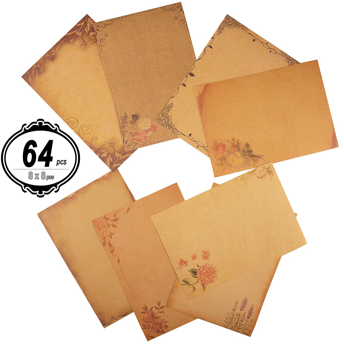 64 piezas de papel de papelería de 8 estilos, 5.7 x 8.3 pulgadas, tamaño A5, impresión floral vintage, retro, papel de escritura en blanco para cartas personalizadas antiguas, notas y poemas