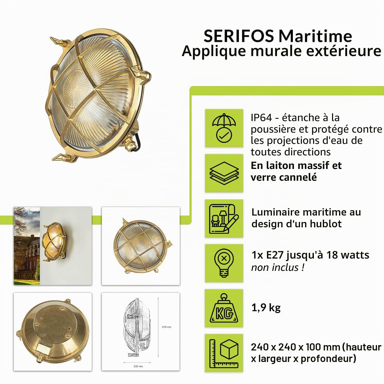 Applique murale extérieure en laiton et verre IP64 pour jardin et terrasse Ø24 cm E27 max. 18 W Rustique Maritime Lampe extérieure ronde SERIFOS