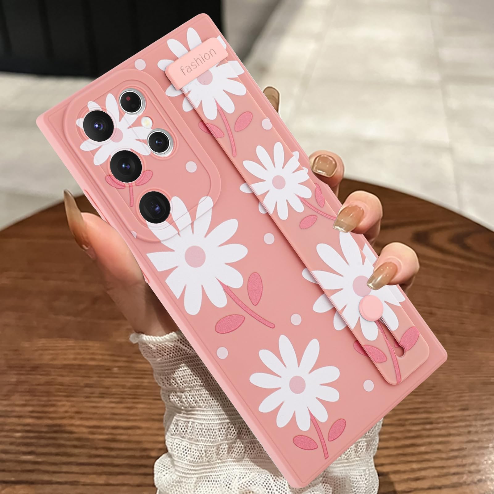 MOWIME Compatible with Samsung Galaxy S23 Ultra Case with Wrist Strap, Cute Daisy Floral Shockproof Soft TPU Protective Case Women Girls, Slim Anti