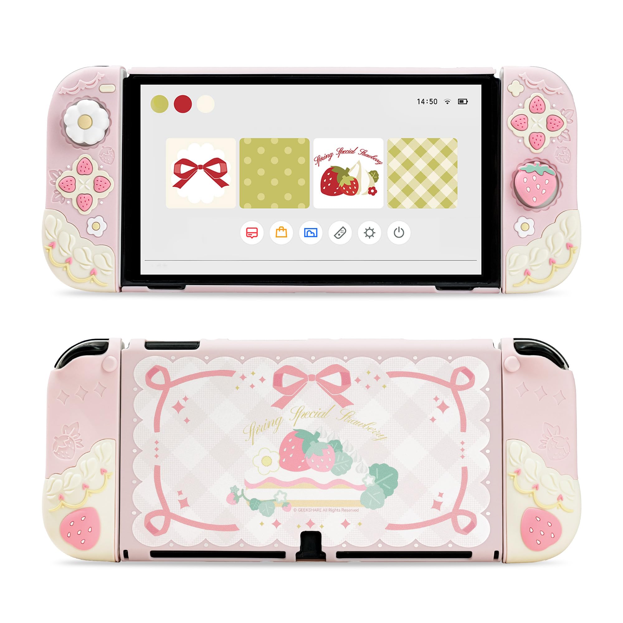 GeekShare Strawberries with Cream Case Compatible with Switch OLED, Soft Silicone Slim Protective Cover with Separable Shell and 2 Thumb Grips (Pink)