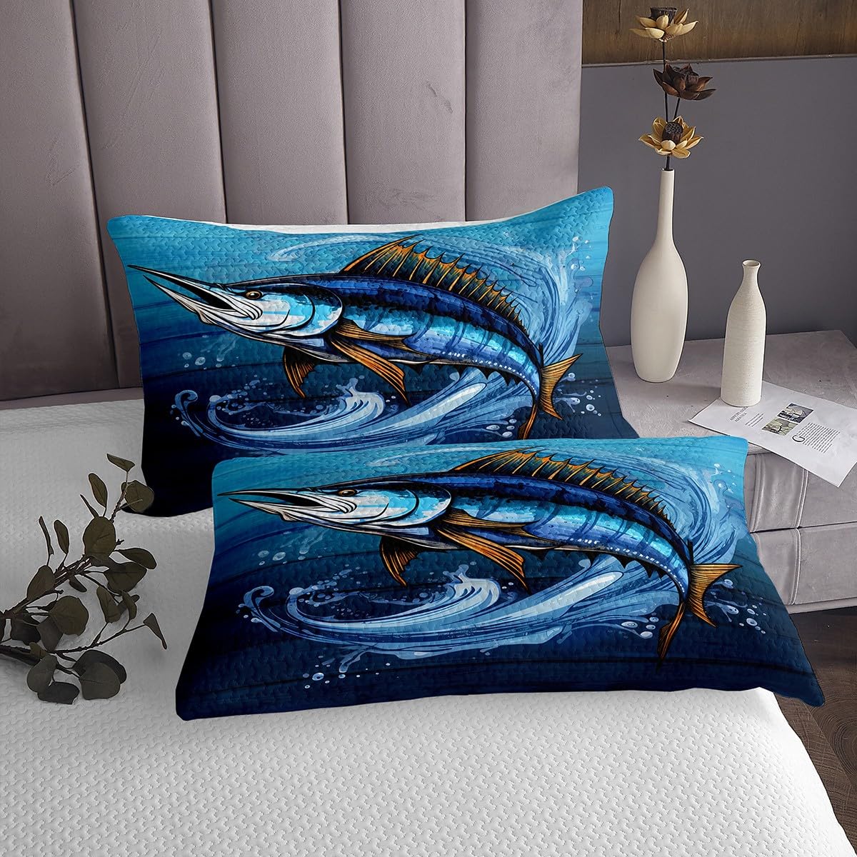 Grote Snoek Vis Coverlet Bass Vis Gewatteerde Sprei Vissen en Jacht Coverlet Set voor Kinderen Jongens Meisjes Microfiber Rustieke Houten Stijl Single Size
