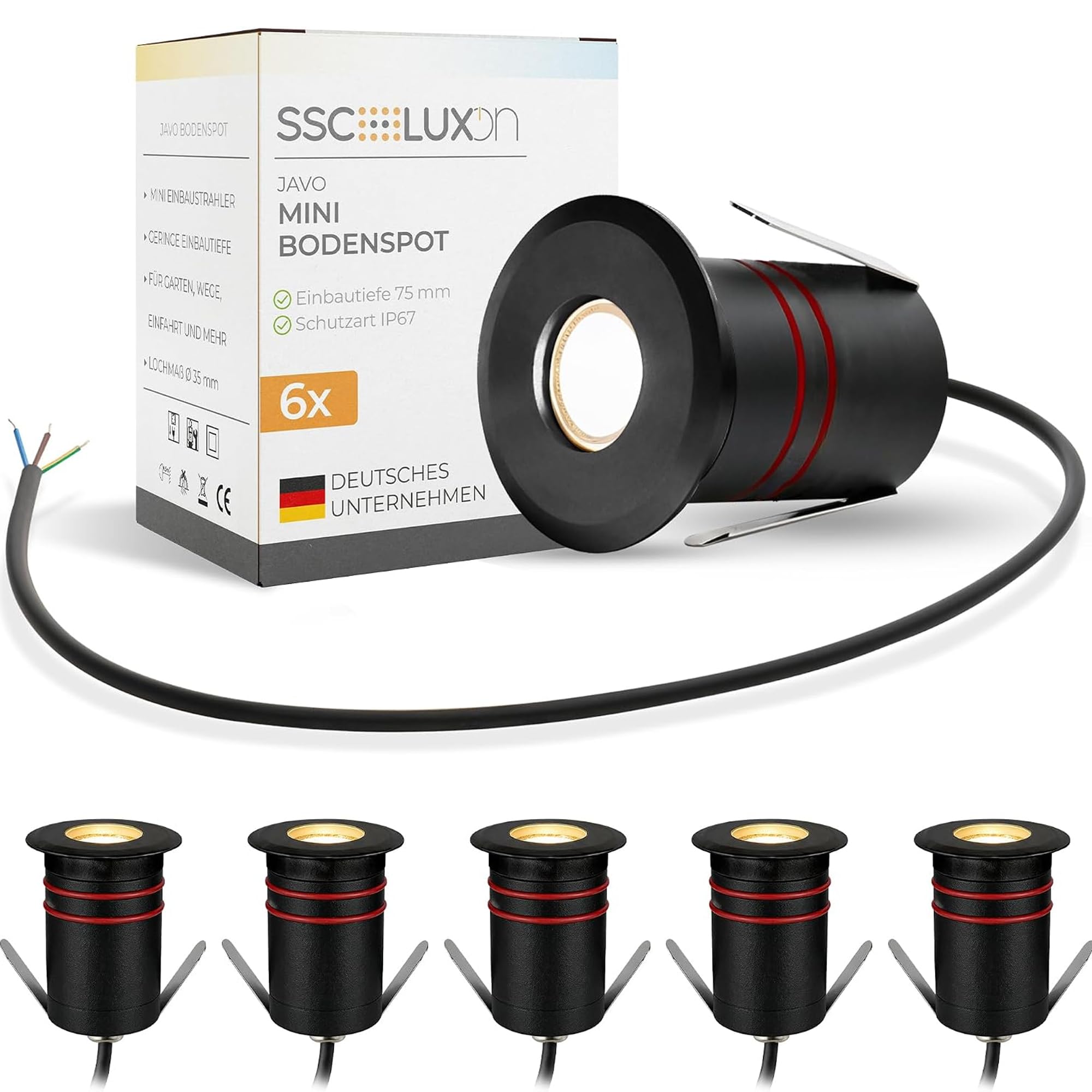 SSC-LUXon JAVO Nero Frontale - 6 Faretti LED Incasso Esterno IP67 | segnapasso mini, LED integrato luce calda, 230V senza trasformatore, calpestabile, per vialetto e giardino