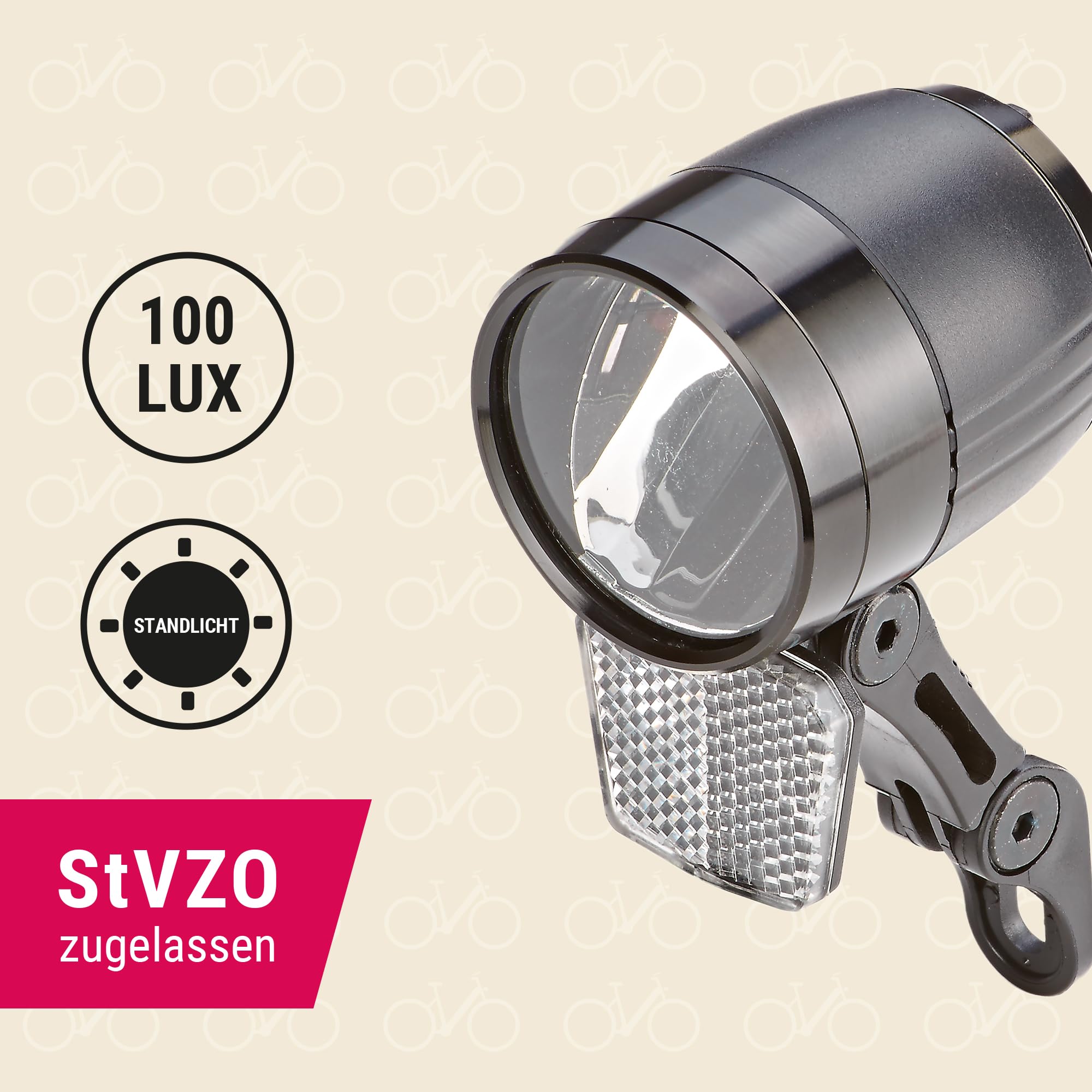 PROPHETE LED-Scheinwerfer – 100 Lux, Standlichtfunktion, Sensorautomatik, StVZO-zugelassen, für E-Bikes und Fahrräder, kompatibel mit Nabendynamo und 6V E-Bike-Akku, Abnehmbarer Reflektor