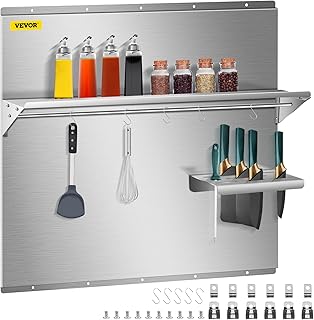 VEVOR Range Backsplash with Shelf 30 x 30.7 Inch Range Hood Wall Shield, Stainless Steel Backsplash Silver Splash Plate for Range Hood Stainless Backsplash with Built-in Storage Shelf and Hanging Rack