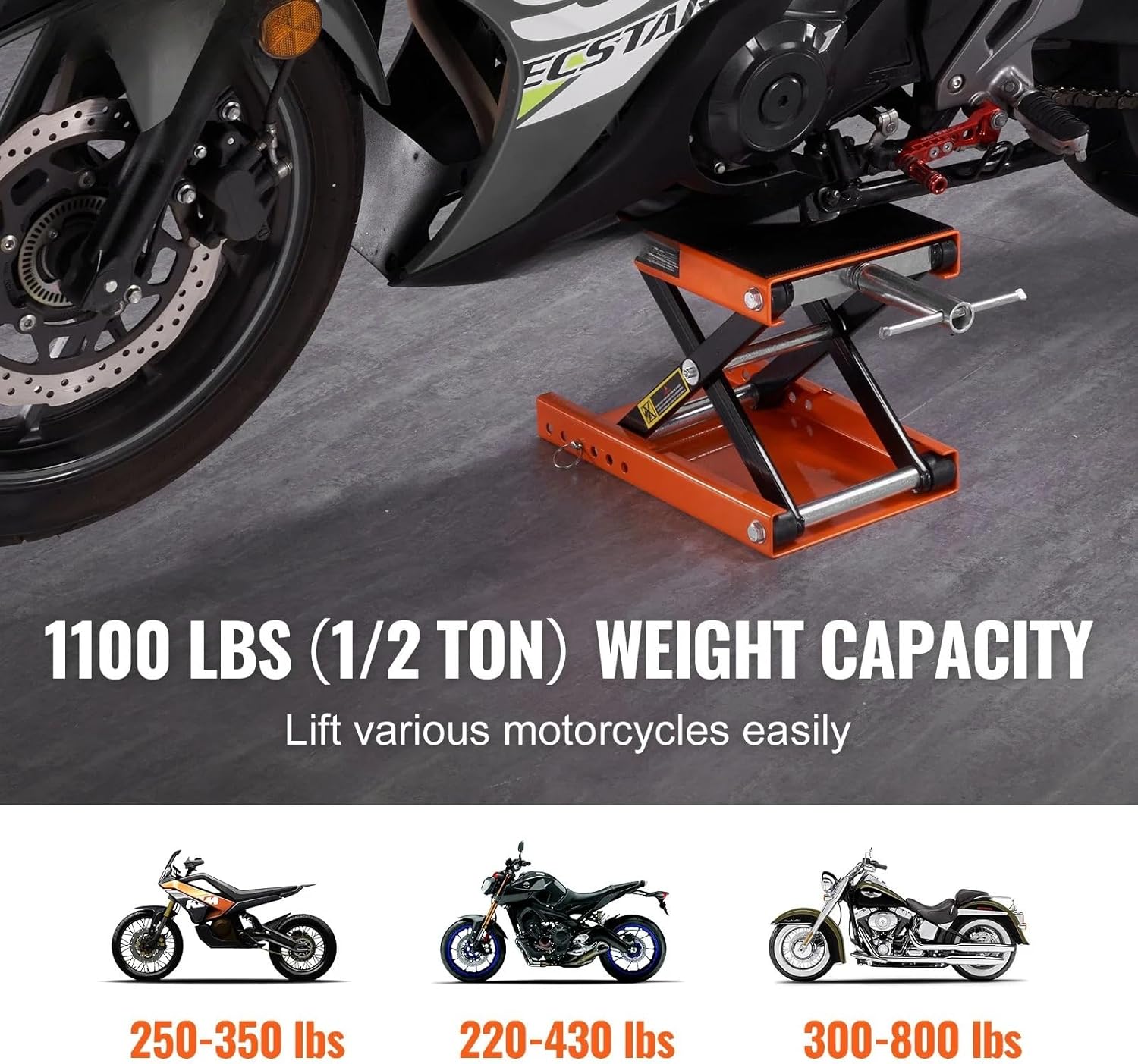 Motorcycle Lift, 1100 LBS Motorcycle Scissor Lift Jack with Wide Deck & Safety Pin, 3.7"-13.8" Center Hoist Crank Stand, Steel Scissor Jack for Street Bikes, Cruiser Bikes, Touring Motorcycles