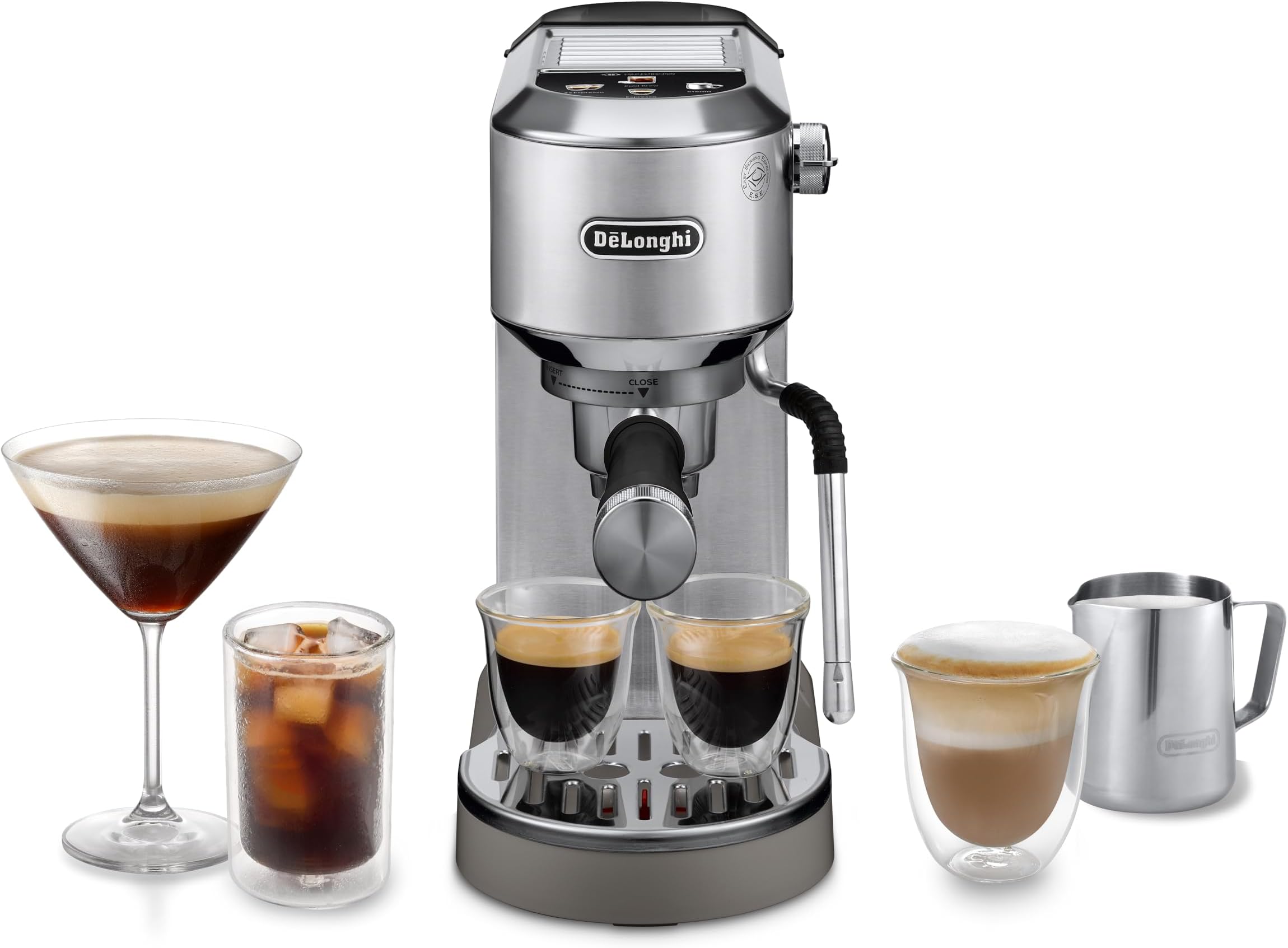 Dedica Duo – Perfetto Compact Manual Espresso Maker with Manual Milk Frother, for Espresso, Cappuccino and Cold Brew, Colour Touch Icons, Width 15 cm, Metal (EC890.M)