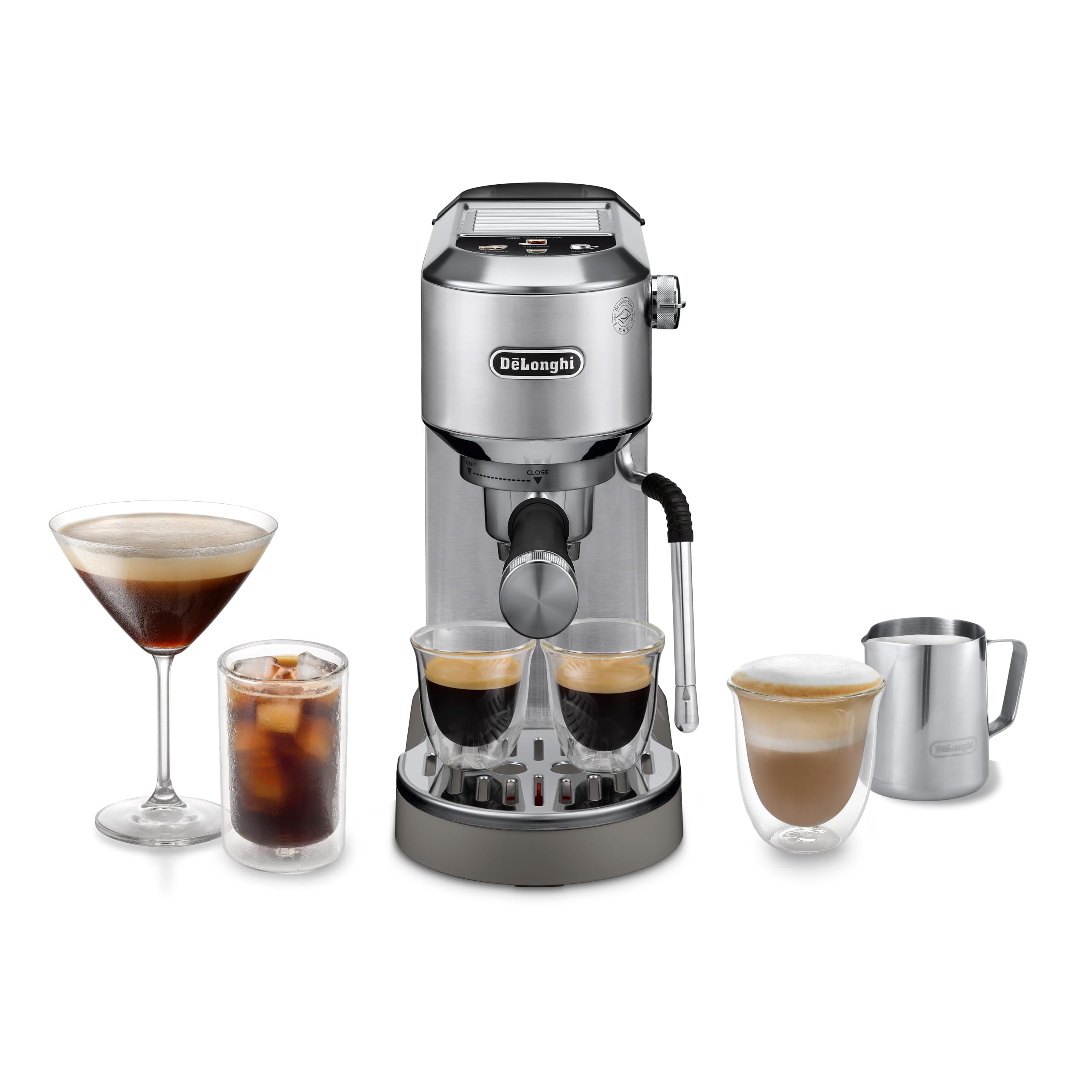 De'LonghiDedica Duo EC890.M, Barista Coffee Machine with Pump, Espresso and Cold Brew, Manual Coffee Machine with LatteArt Steam Rod, 15 cm Wide, 2 Espresso, Touch Screen, Cup up to 13 cm, Metal