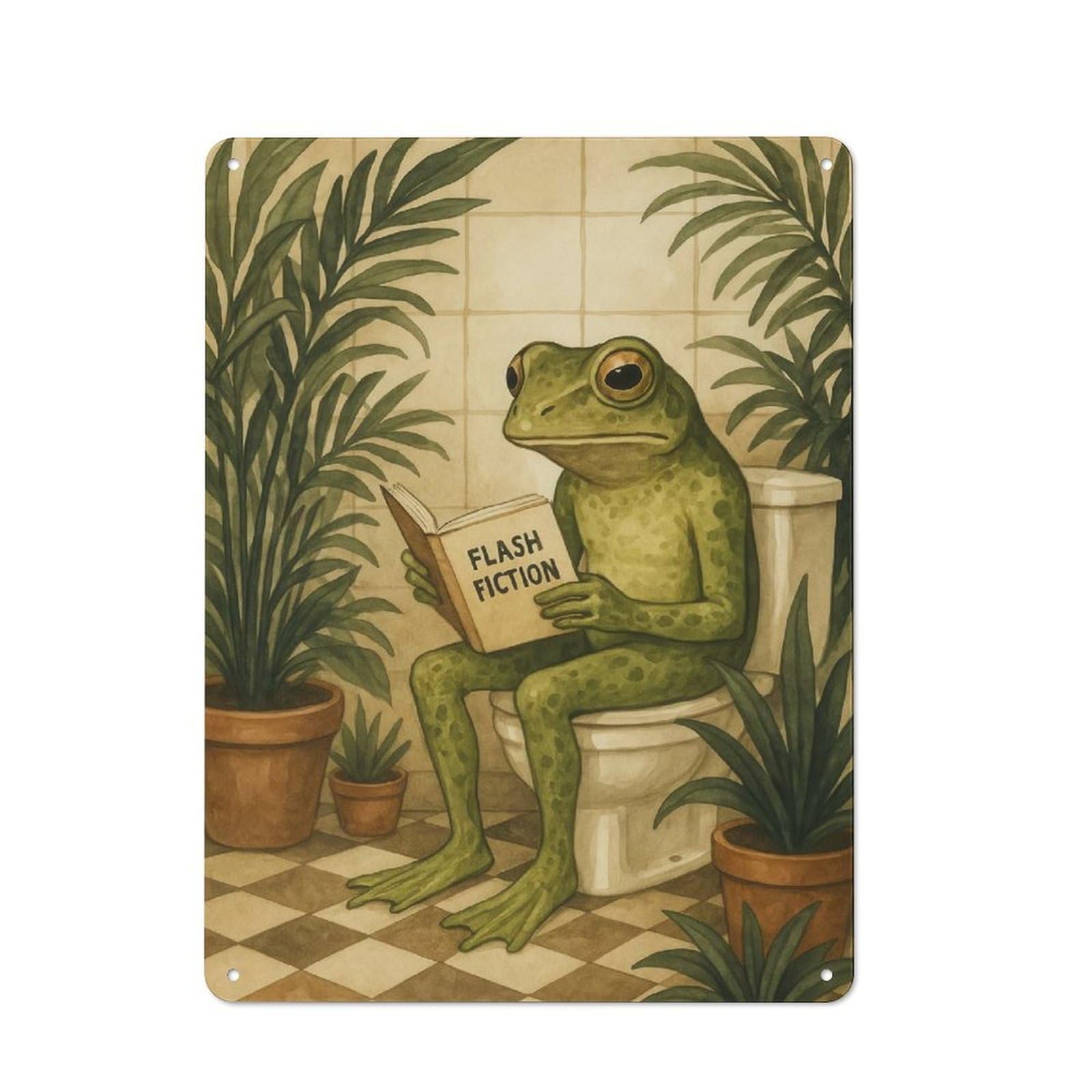 Junmoney Style-2 Frog Reading Flash Fiction On Toilet Printed Metal Sign 40X30cm For Studio Or Craft Room, A Decorative Gift For A Newly Furnished Studio And Craft Room