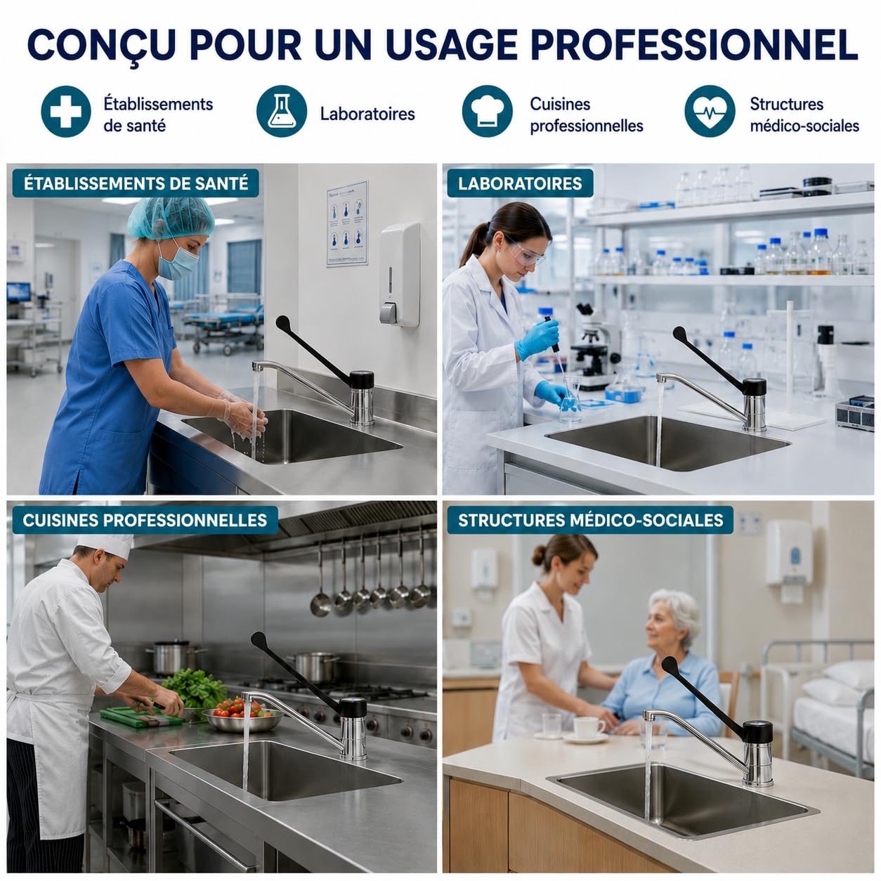 GOLDMAN SERVICE | Robinet coudé gérontologique monocommande, levier long 30 cm, bec 360°, robinet sanitaire et hygiénique pour hôpitaux, cliniques, laboratoires et cuisine professionnelle